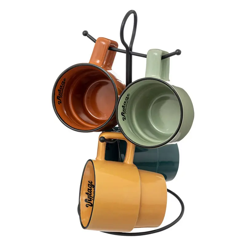 4 kubki ceramiczne na stojaku BE VINTAGE, 250 ml