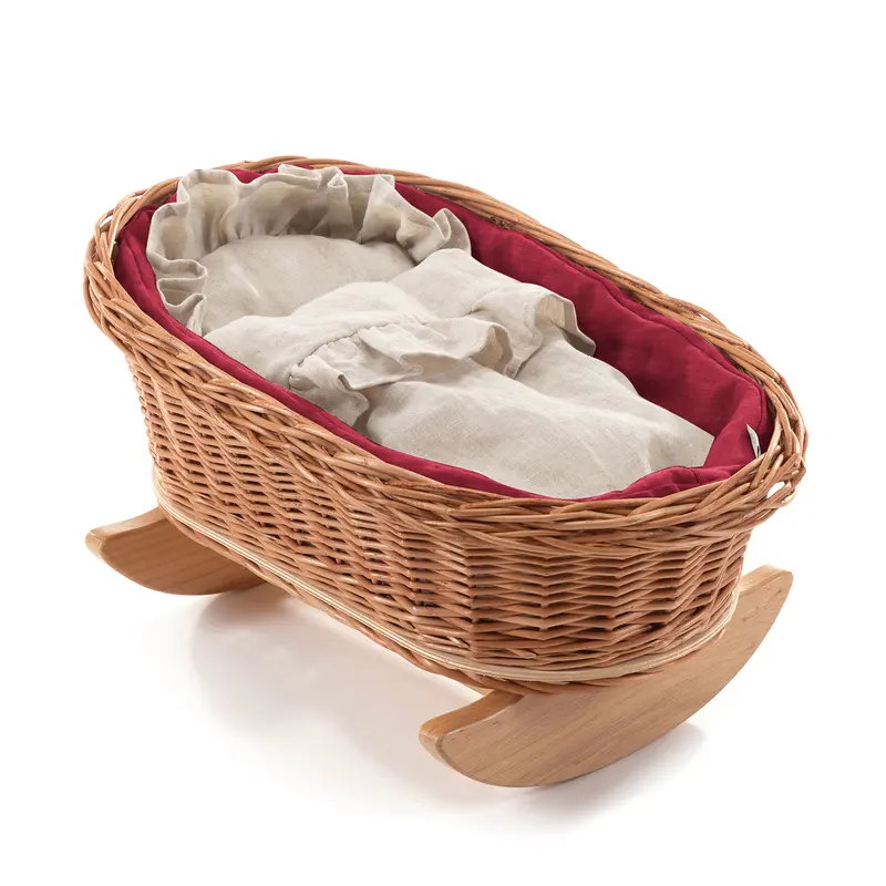 Desayer wicker cradle for dolls with red piping, with pillow and quilt TheWickerStories