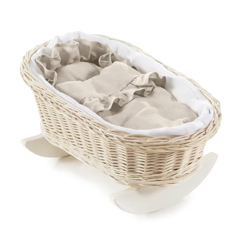 Desayer wicker cradle for dolls with white trim, with pillow and quilt, on rockers TheWickerStories