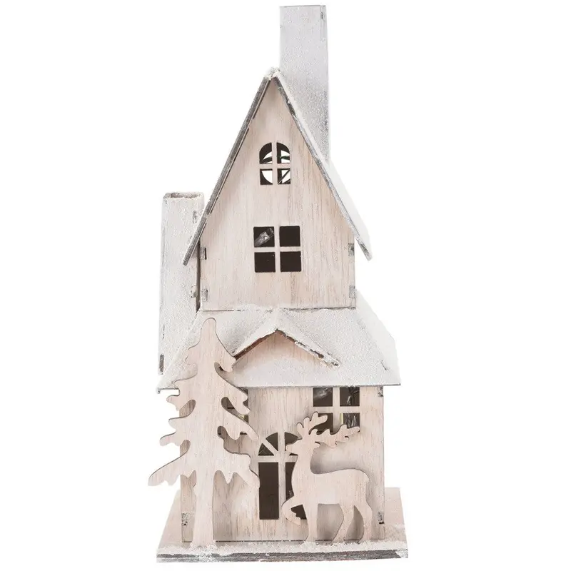 Domek drewniany z oświetleniem LED, dekoracja świąteczna, 9x20cm
