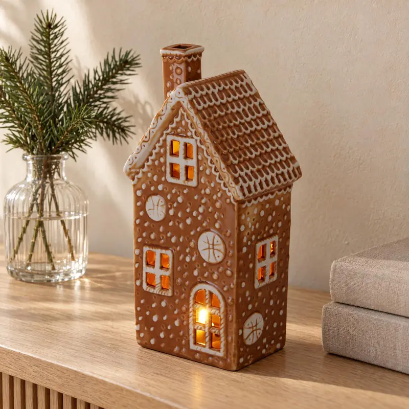 Domek z piernika porcelanowy z podświetleniem LED, 13,6 x 9,4 x 19,6 cm