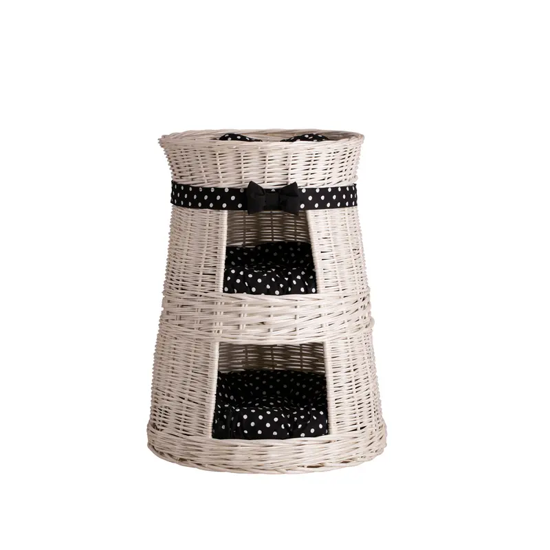 Elnoria three-level wicker cat house with black cushions TheWickerStories