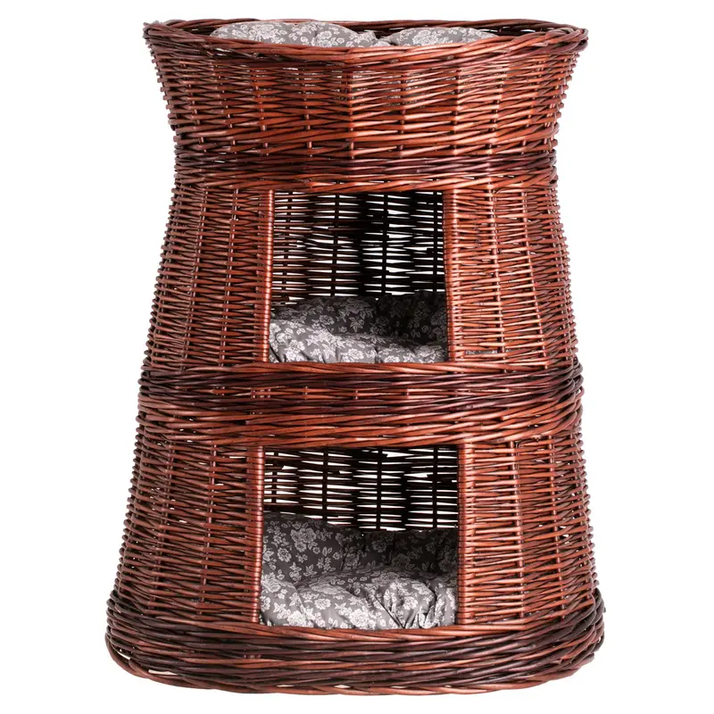 Elnoria wicker cat basket with gray cushions, three-tier TheWickerStories