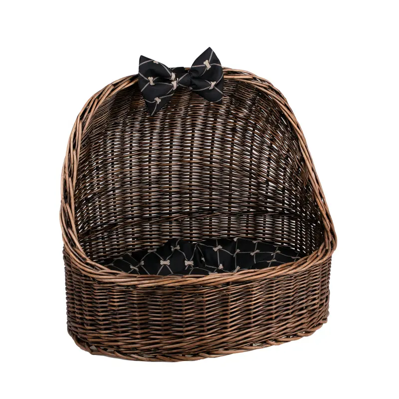 Elsa wicker pet bed basket with black cushion and bow TheWickerStories