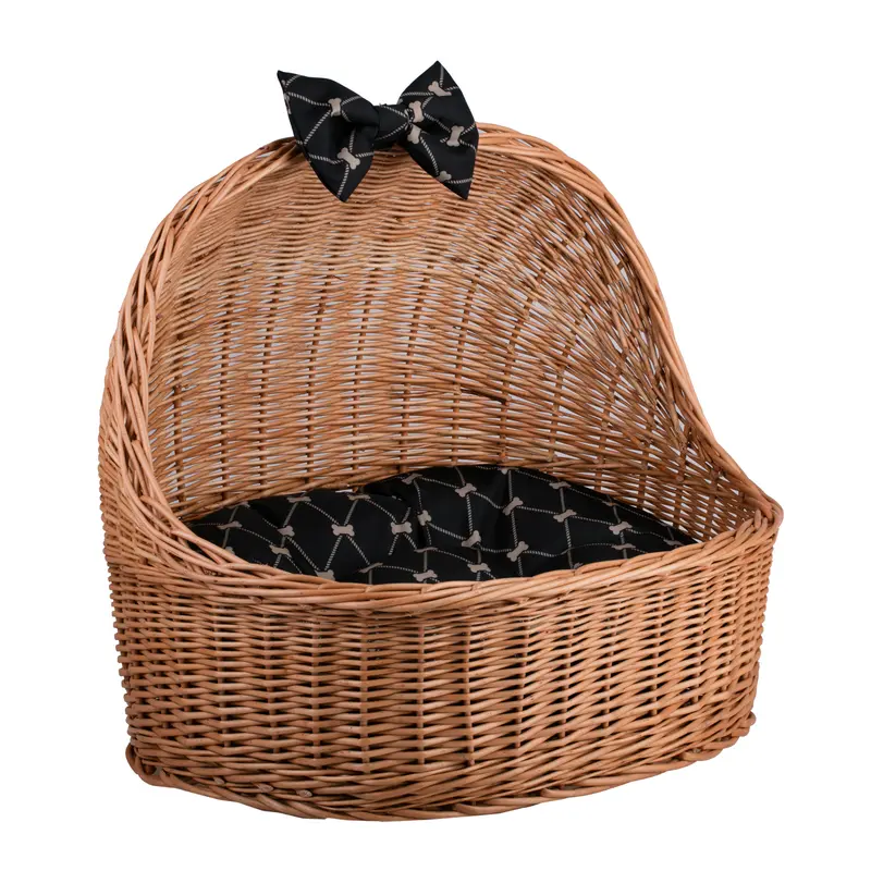 Elsa wicker pet bed basket with black cushion and bow TheWickerStories