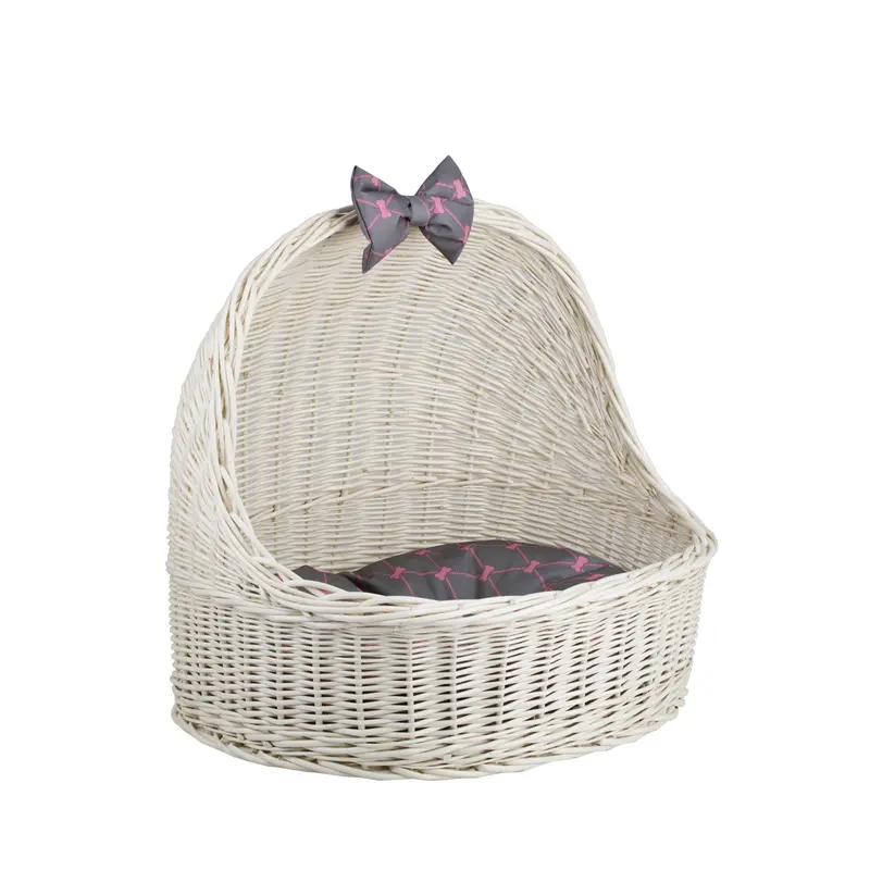 Elsa wicker pet bed basket with grey cushion and bow TheWickerStories
