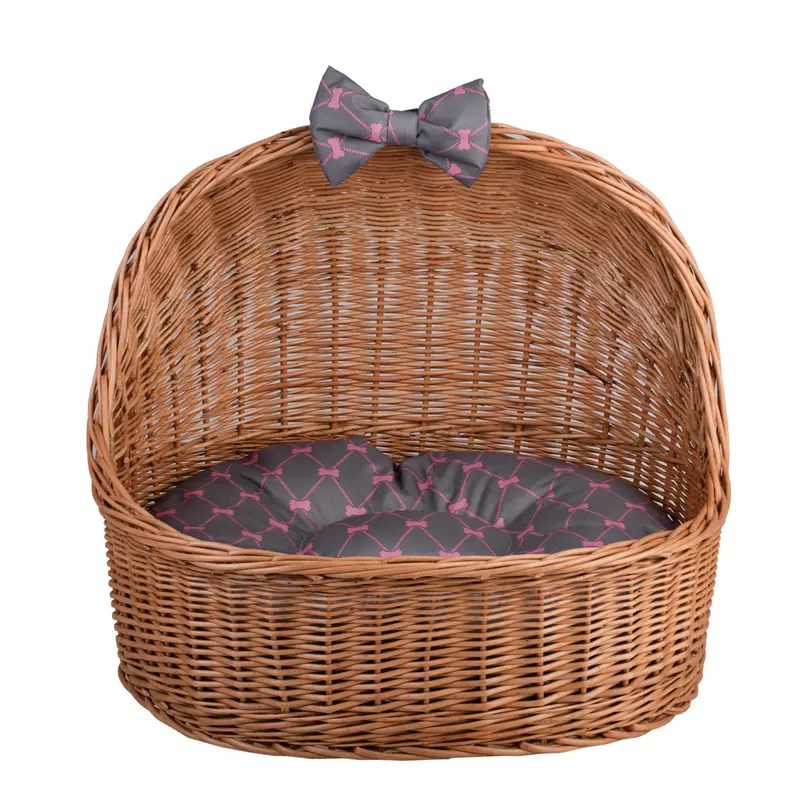 Elsa wicker pet house for dog and cat with cushion and bow TheWickerStories