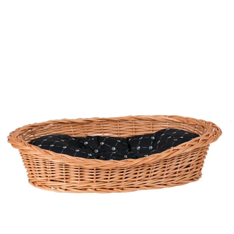 Enovia wicker basket for dog and cat with black cushion TheWickerStories