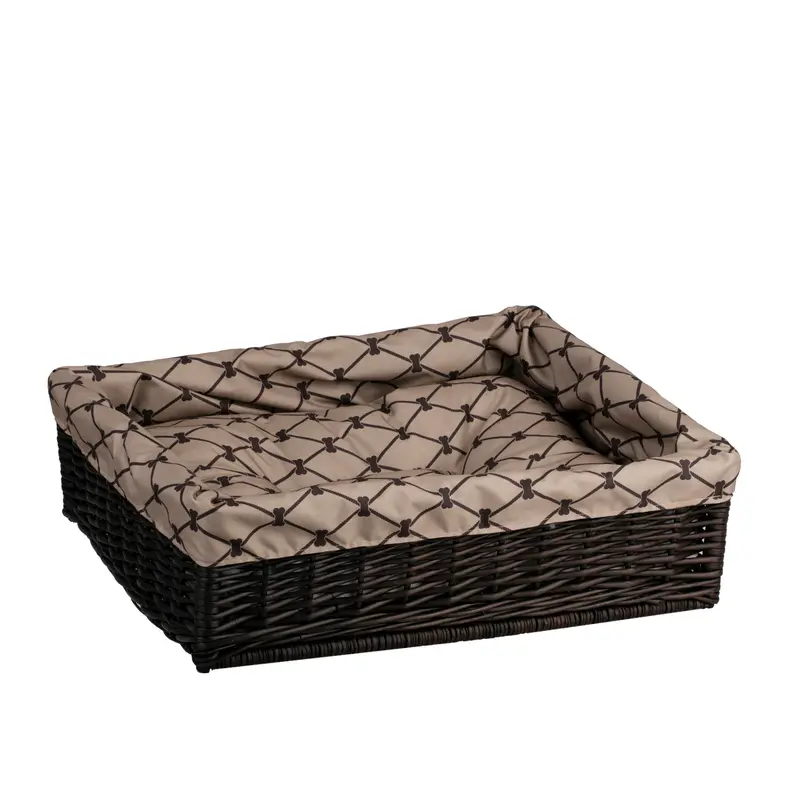Epimoria wicker basket for dog and cat with beige trim, featuring a waterproof cushion TheWickerStories