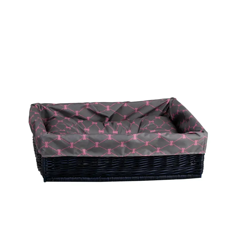 Epimoria wicker basket for dog and cat with gray trim and cushion TheWickerStories