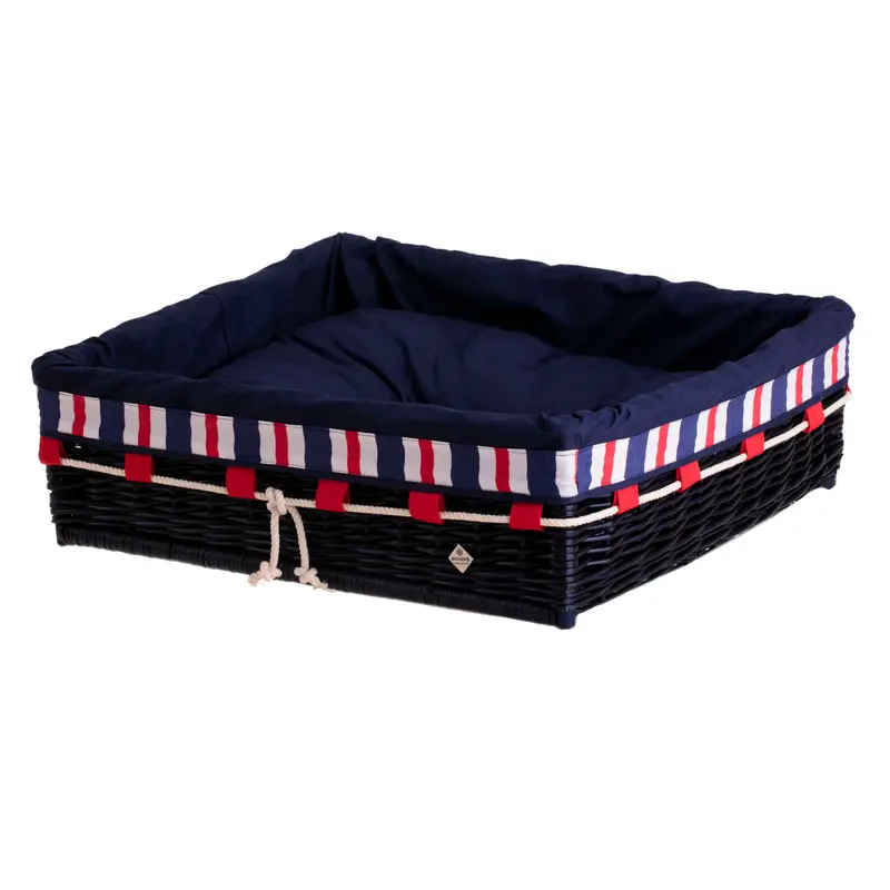 Epimoria wicker basket for dog and cat with navy trim, featuring a removable cushion TheWickerStories