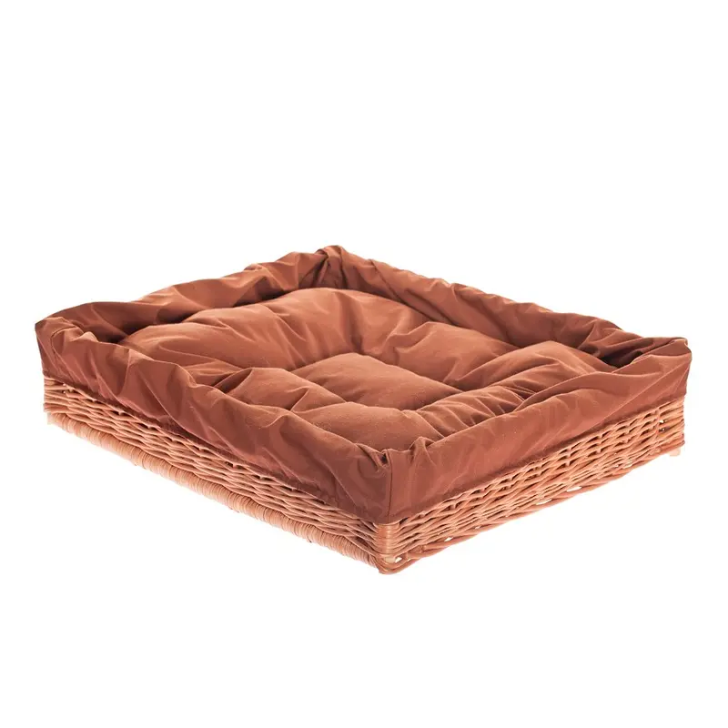 Epimoria wicker pet basket for dogs and cats with rust-colored cushion and piping TheWickerStories