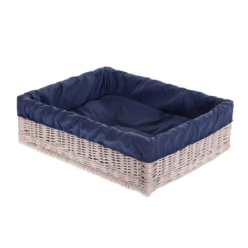 Epimoria wicker pet bed for dogs and cats with navy trim and cushion TheWickerStories