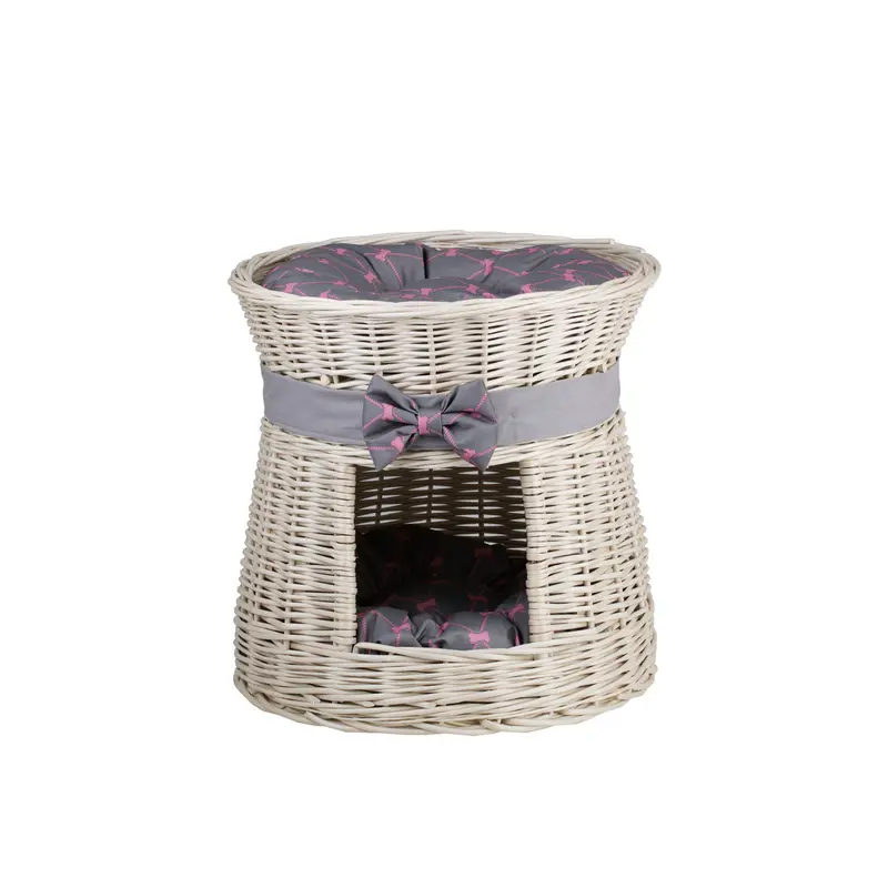 Eralis two-level wicker cat house with cushions and a bow TheWickerStories