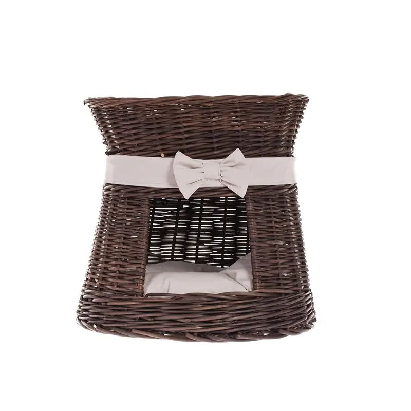 Eralis two-tier wicker cat house with cushions and a bow TheWickerStories