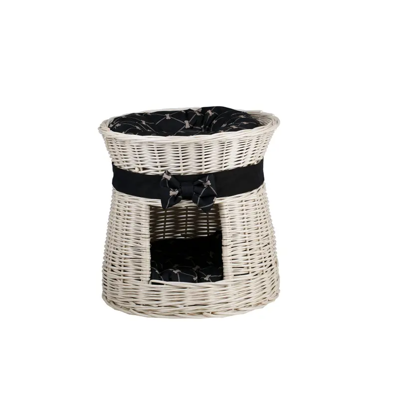 Eralis two-tier wicker cat house with two cushions and a bow TheWickerStories