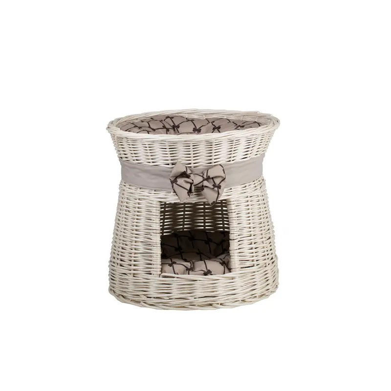 Eralis wicker cat house with cream trim, two cushions and a bow TheWickerStories