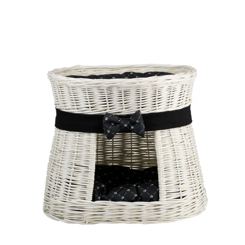 Erif two-level wicker cat house with black cushions and a bow TheWickerStories