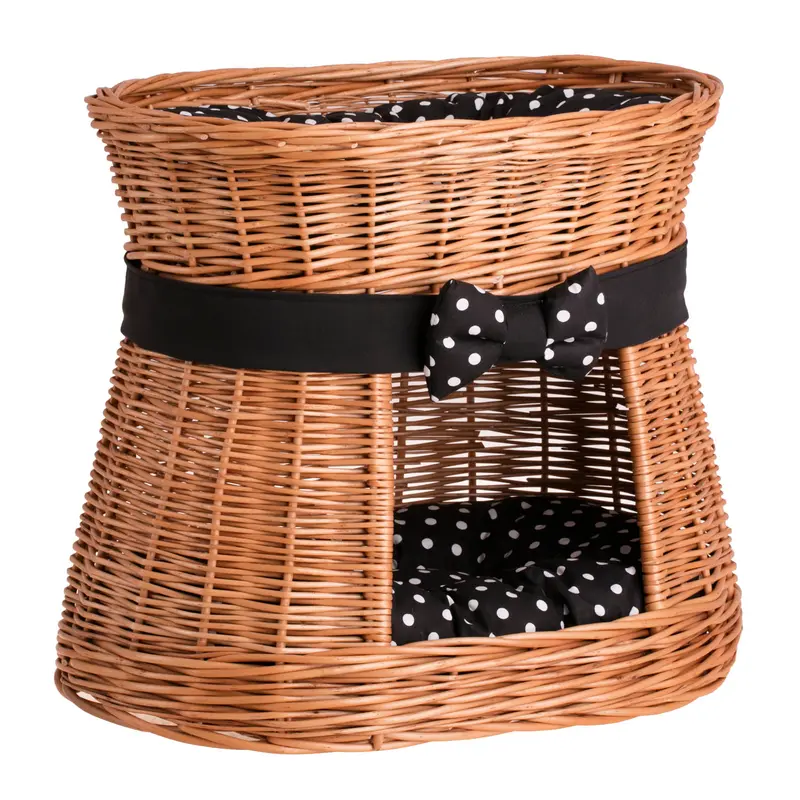 Erif two-level wicker cat house with black cushions and a bow TheWickerStories