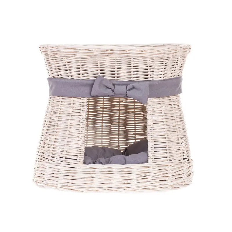 Erif two-tier wicker cat house with cushions and a bow TheWickerStories