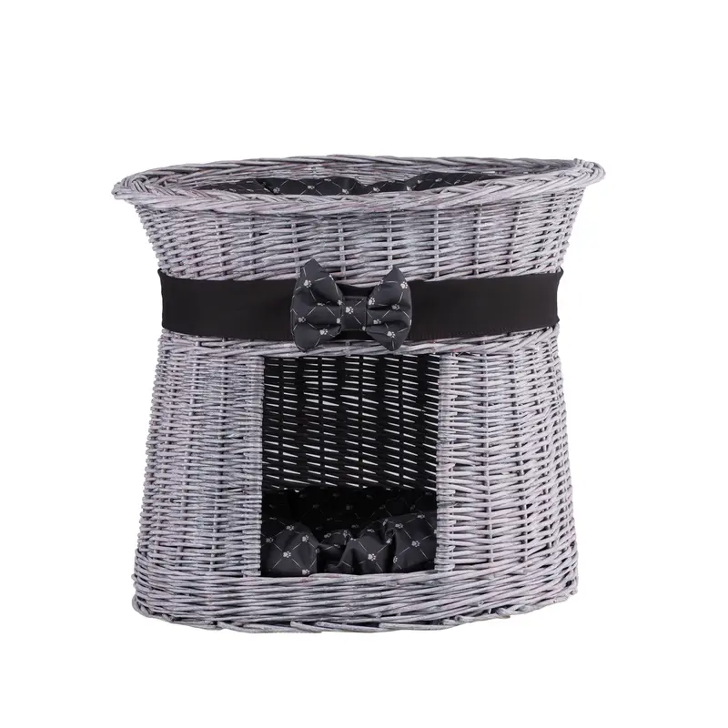 Erif wicker cat house, two-tier, with black trim and cushions TheWickerStories