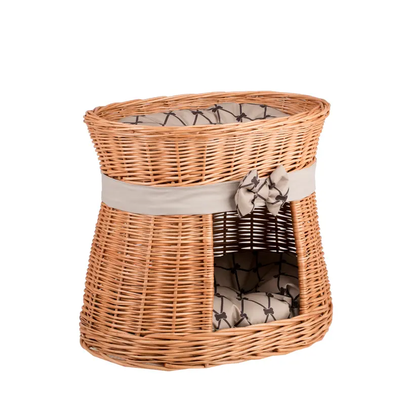 Erif wicker cat house with beige cushions and a bow, two-tier TheWickerStories