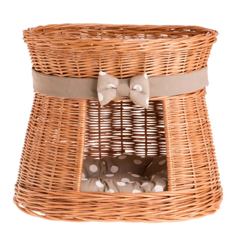 Erif wicker cat house with beige cushions, two-tier, with a bow TheWickerStories