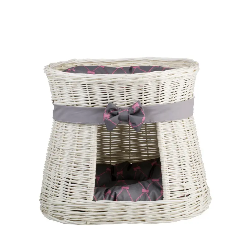 Erif wicker cat house with cushions and bow, two-tier TheWickerStories