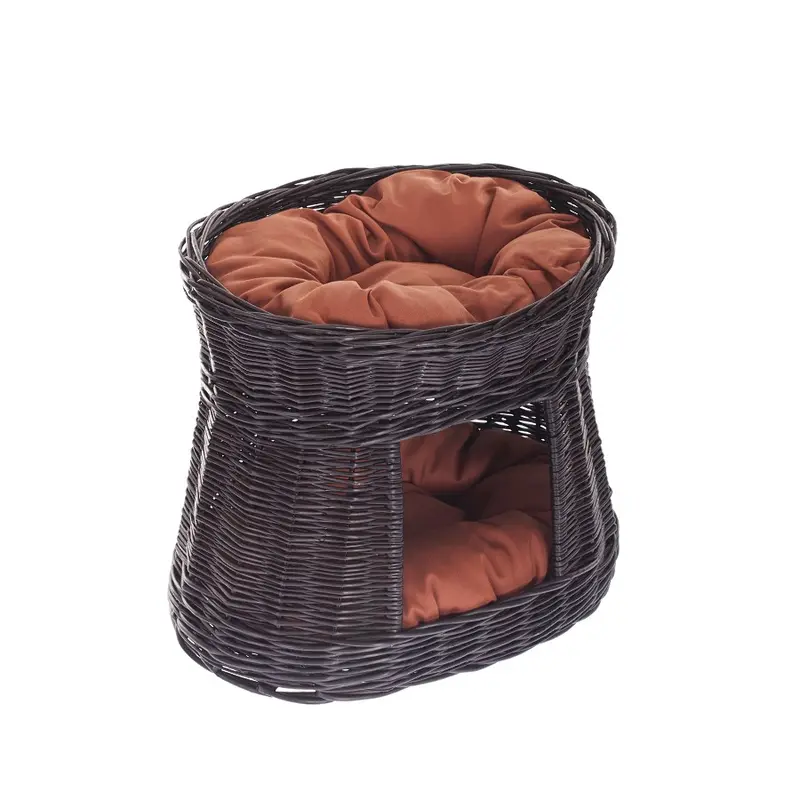Erif wicker cat house with rust-colored cushions, two-level TheWickerStories