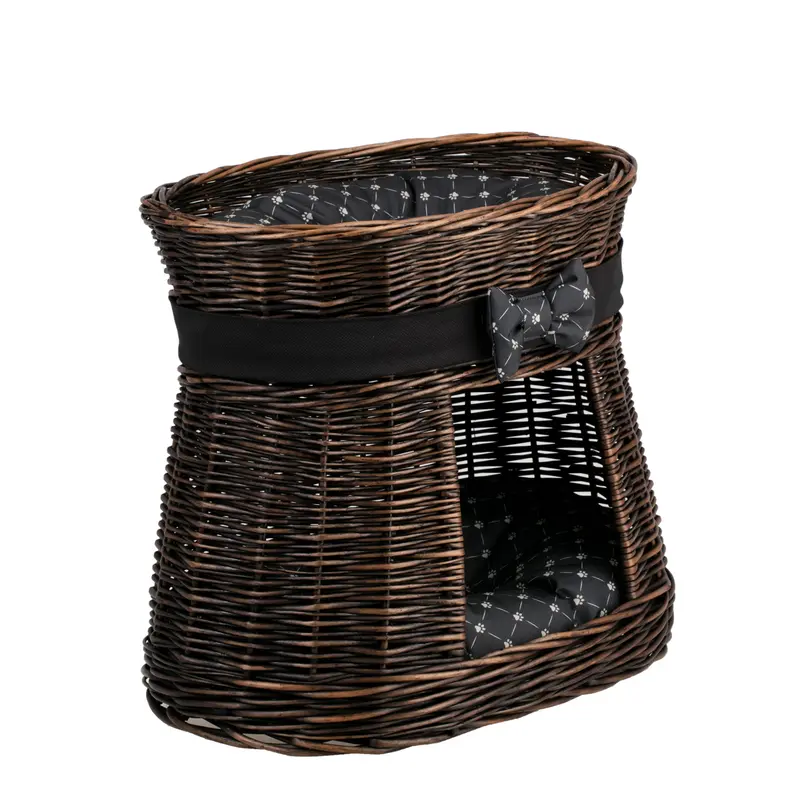 Erif wicker cat house with two levels, with cushions and a bow TheWickerStories
