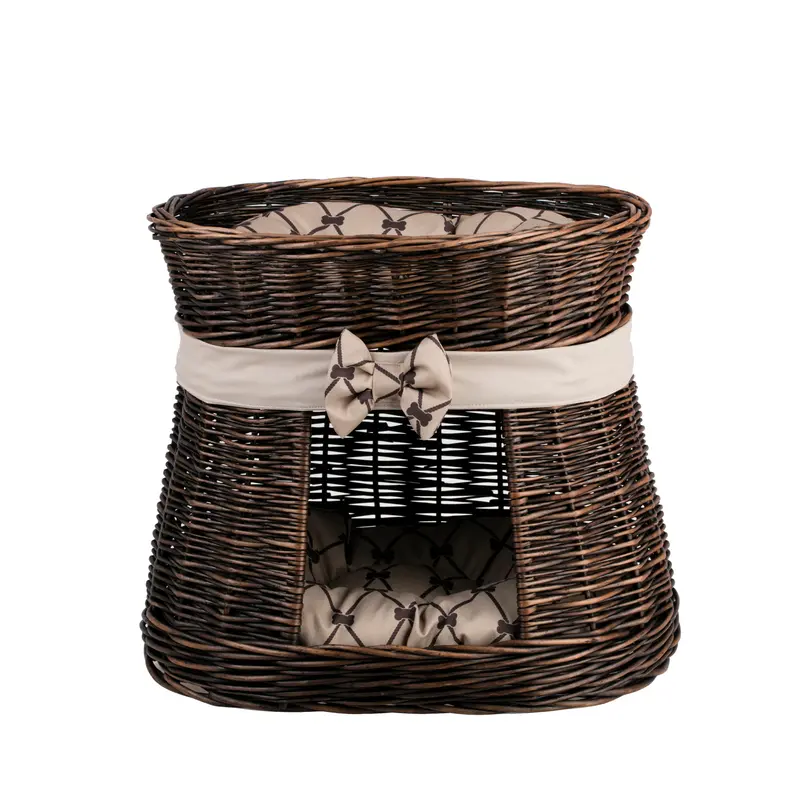 Erif wicker two-level cat house with beige trim, two cushions and a bow TheWickerStories