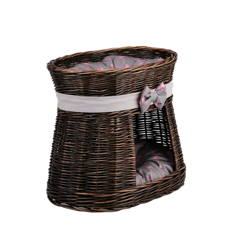Erif wicker two-tier cat house with gray cushions and a decorative bow TheWickerStories