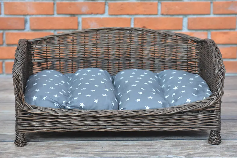 Erivia wicker pet bed for dogs and cats with gray cushion and low entry TheWickerStories