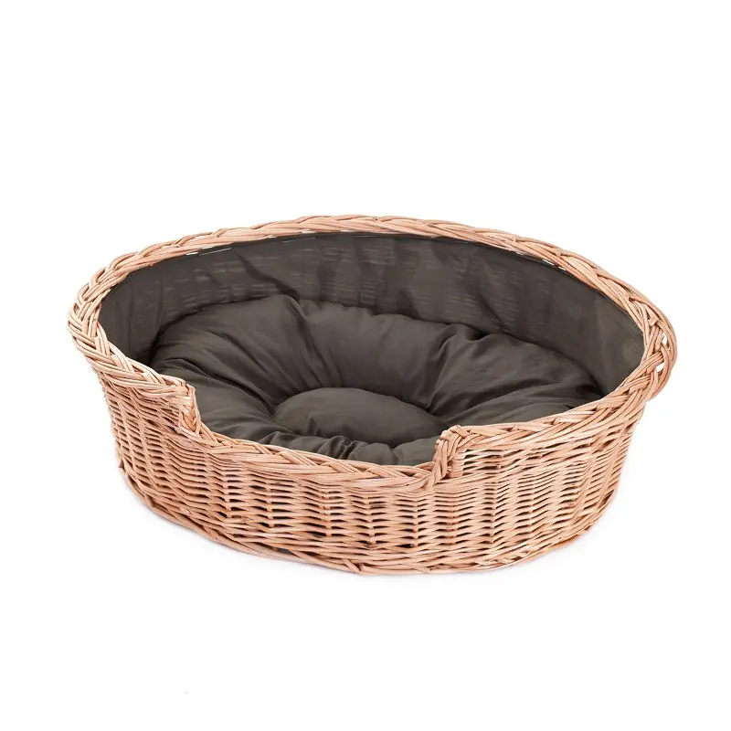 Esmira wicker basket for dog and cat with brown cushion TheWickerStories