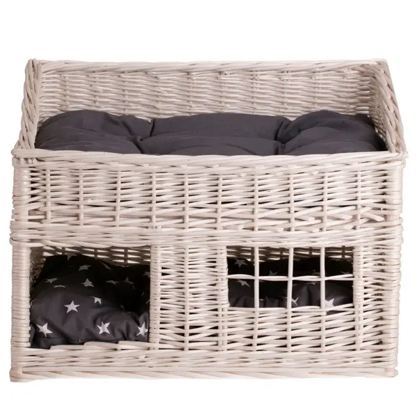 Estrella wicker cat house with gray cushions, two-tier with a small window TheWickerStories