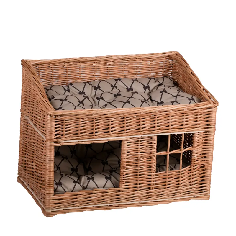 Estrella wicker cat house with two waterproof cushions, with a window and a terrace TheWickerStories