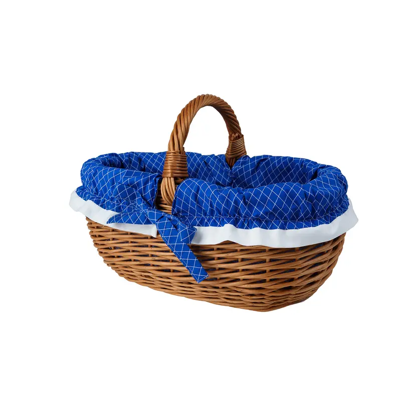 Felis wicker shopping basket with blue trim and handle TheWickerStories