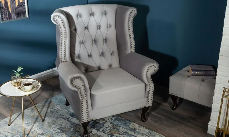 Fotel Chesterfield srebrno-szary aksamit / 39849 / INVICTA INTERIOR