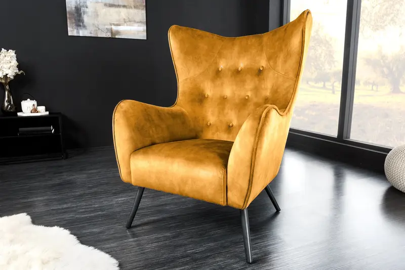 FOTEL USZAK AMSTERDAM MUSZTARDOWY / ŻÓŁTY / 44484 / AKSAMIT / INVICTA INTERIOR