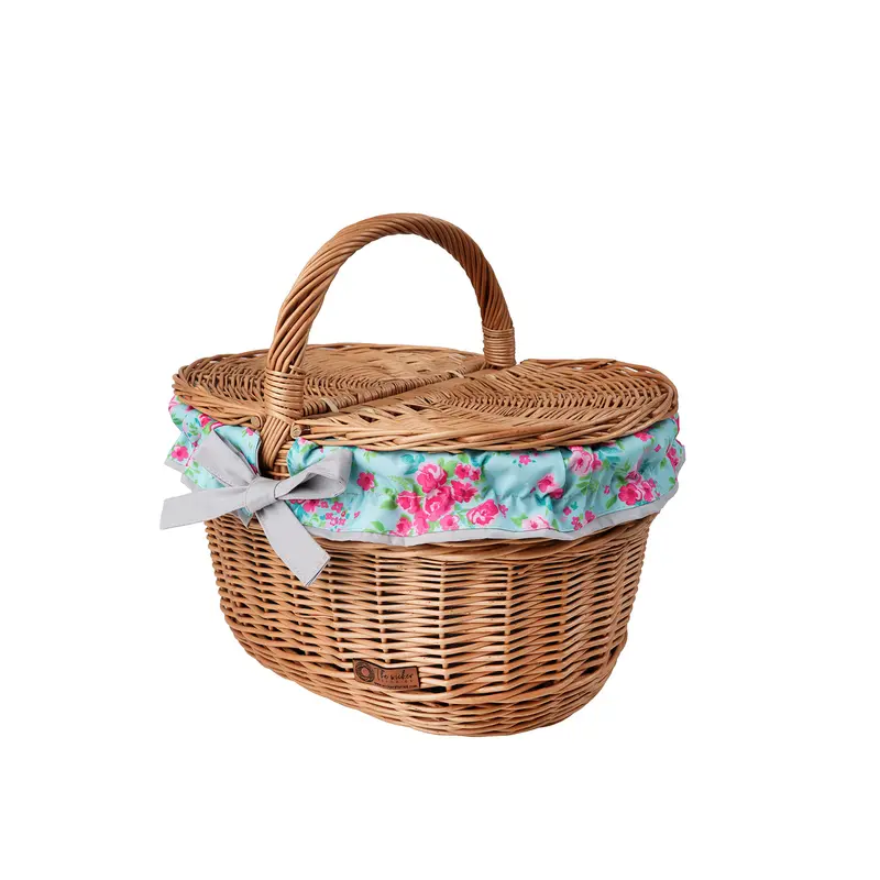Kastalia wicker picnic basket with blue trim, with lid and handle TheWickerStories