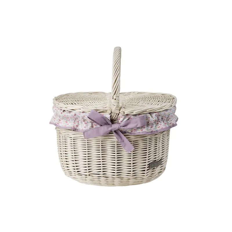 Kastalia wicker picnic basket with purple trim, with lid and handle TheWickerStories