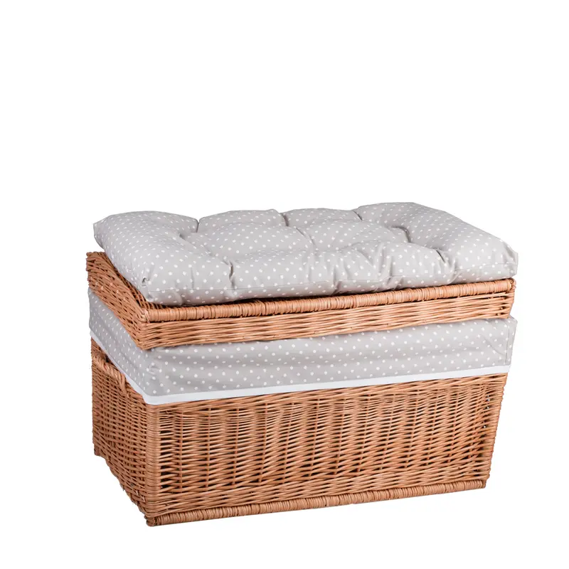 Kogia wicker basket with beige trim, cushion, handles and lid TheWickerStories