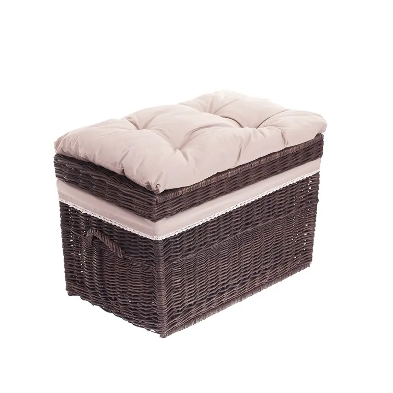 Kogia wicker basket with beige trim, cushion, handles and lid TheWickerStories