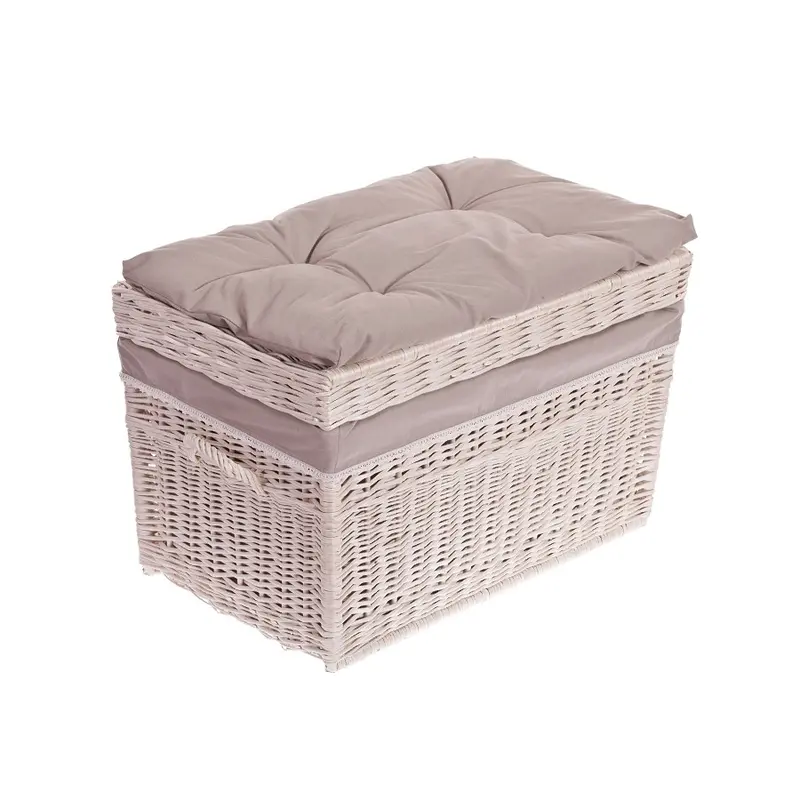 Kogia wicker basket with beige trim, cushion, handles, and lid TheWickerStories