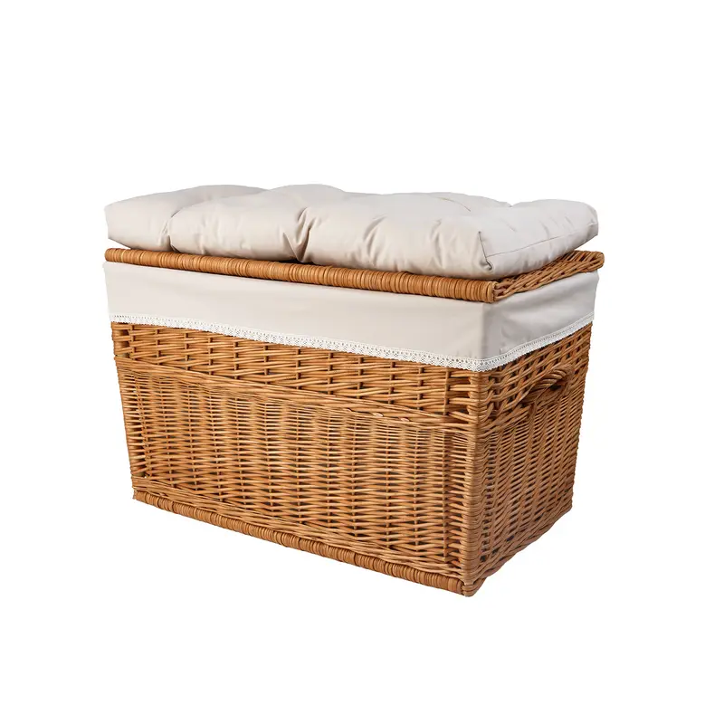 Kogia wicker basket with beige trim, cushion, handles and lid TheWickerStories