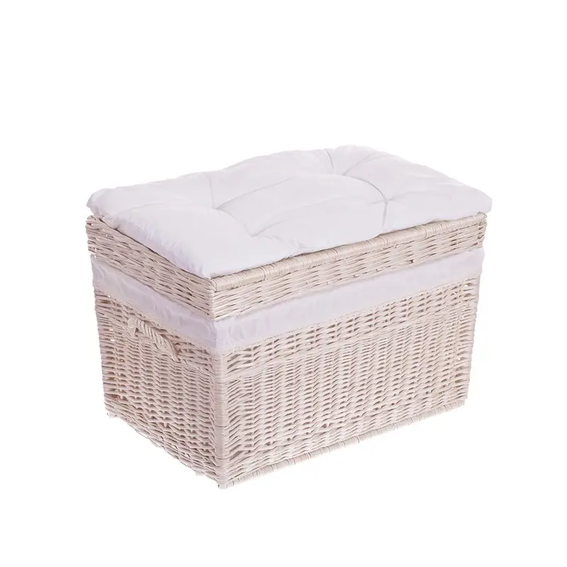 Kogia wicker basket with cream trim, cushion, handles, and lid TheWickerStories