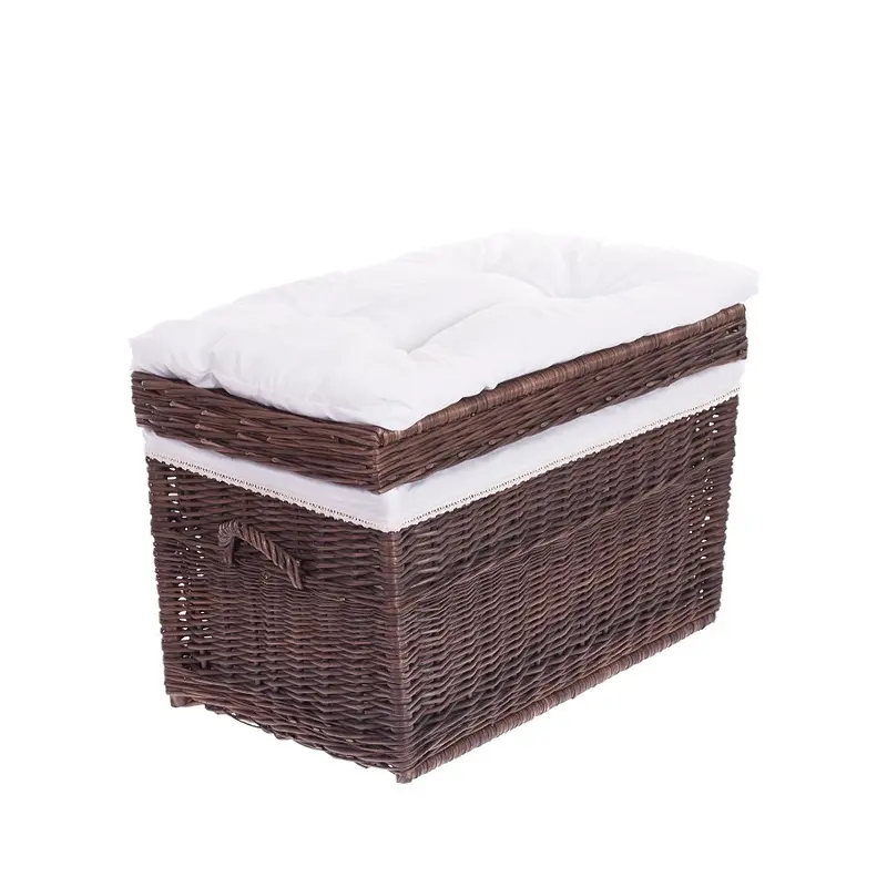 Kogia wicker basket with cream trim, cushion, handles, and lid TheWickerStories