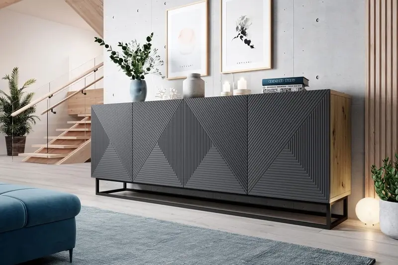 Komoda Asha 200 cm z ryflowanym frontem i metalowym stelażem - artisan / rivier stone mat