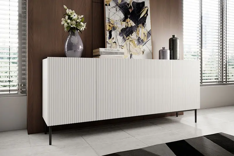 Komoda czterodrzwiowa na metalowych nogach Nicole 200 cm - biały mat / czarne nóżki