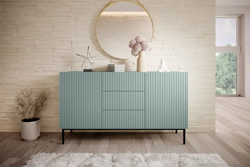 Komoda Nicole 150 cm z szufladami i metalowymi nogami - szałwia / czarne nóżki